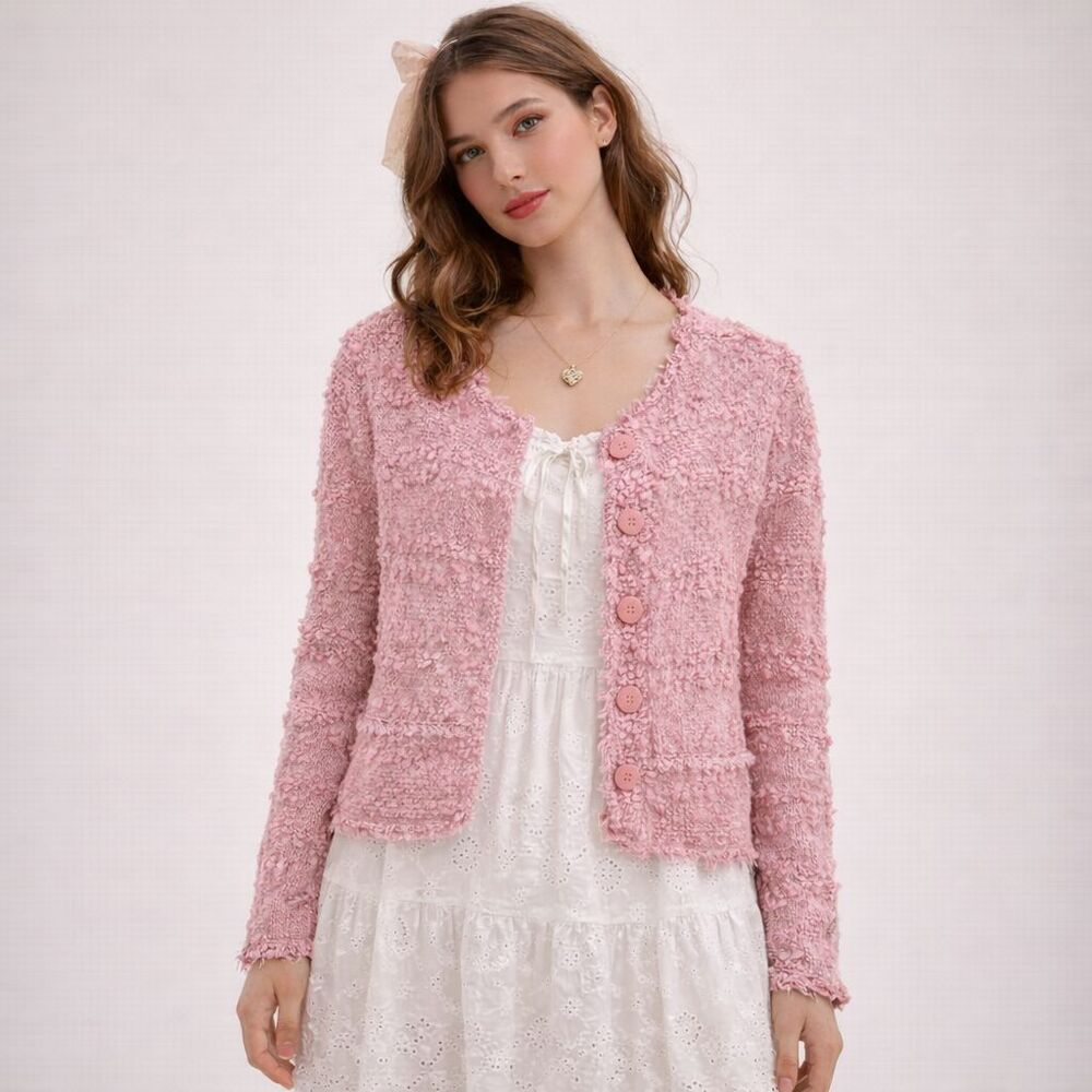 Vintage Crochet Cardigan Pastel Pink Women M Textured Romantic Cottage Grandma